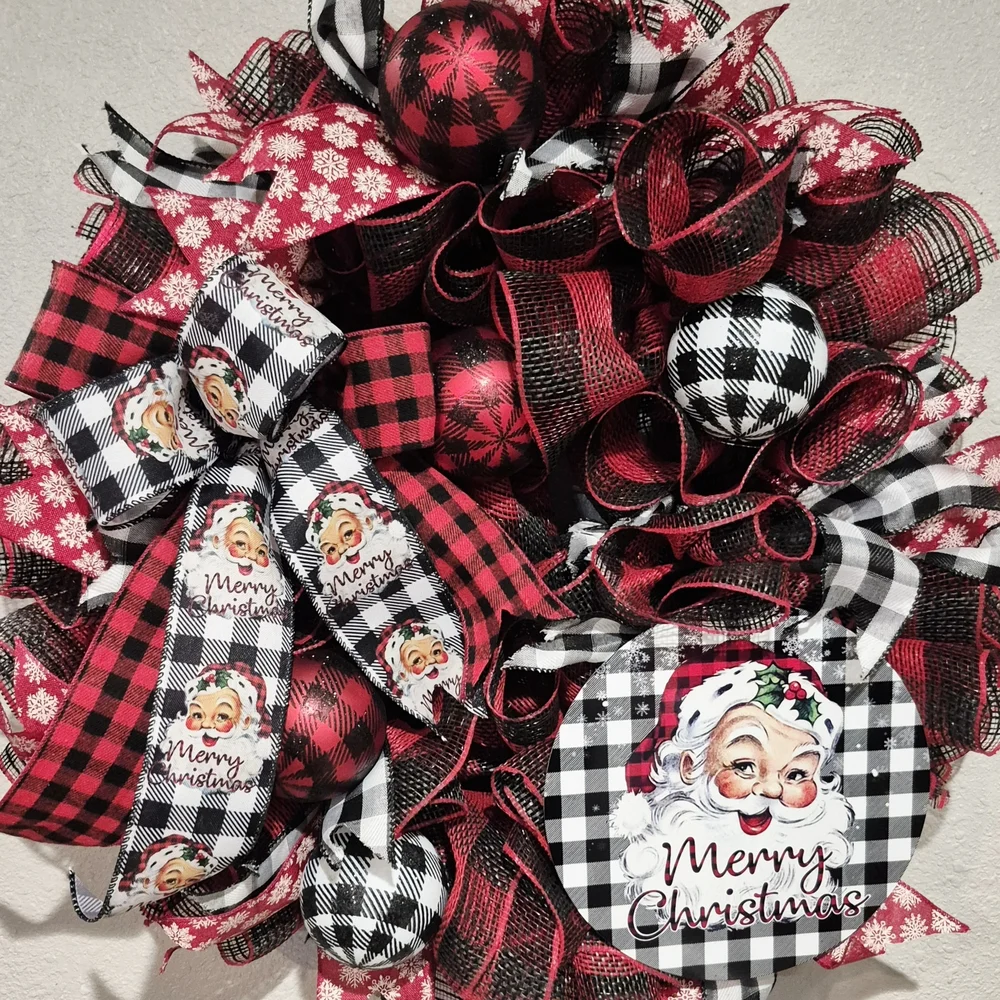 Festive Red and Black Santa Christmas Wreath Large Holiday Wreath Buffalo Check